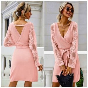 NWT! SURPLICE NECK CONTRAST LACE BELTED SWEATER DRESS IN BABY PINK!